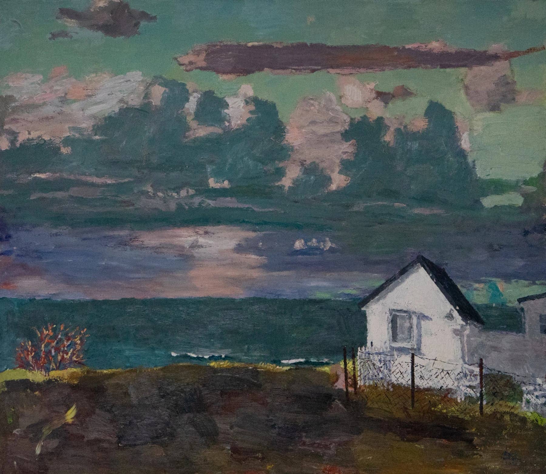 Maleri av Sara Elisabeth Tunheim: et hvitt hus ved havet under en grønn og lilla himmel