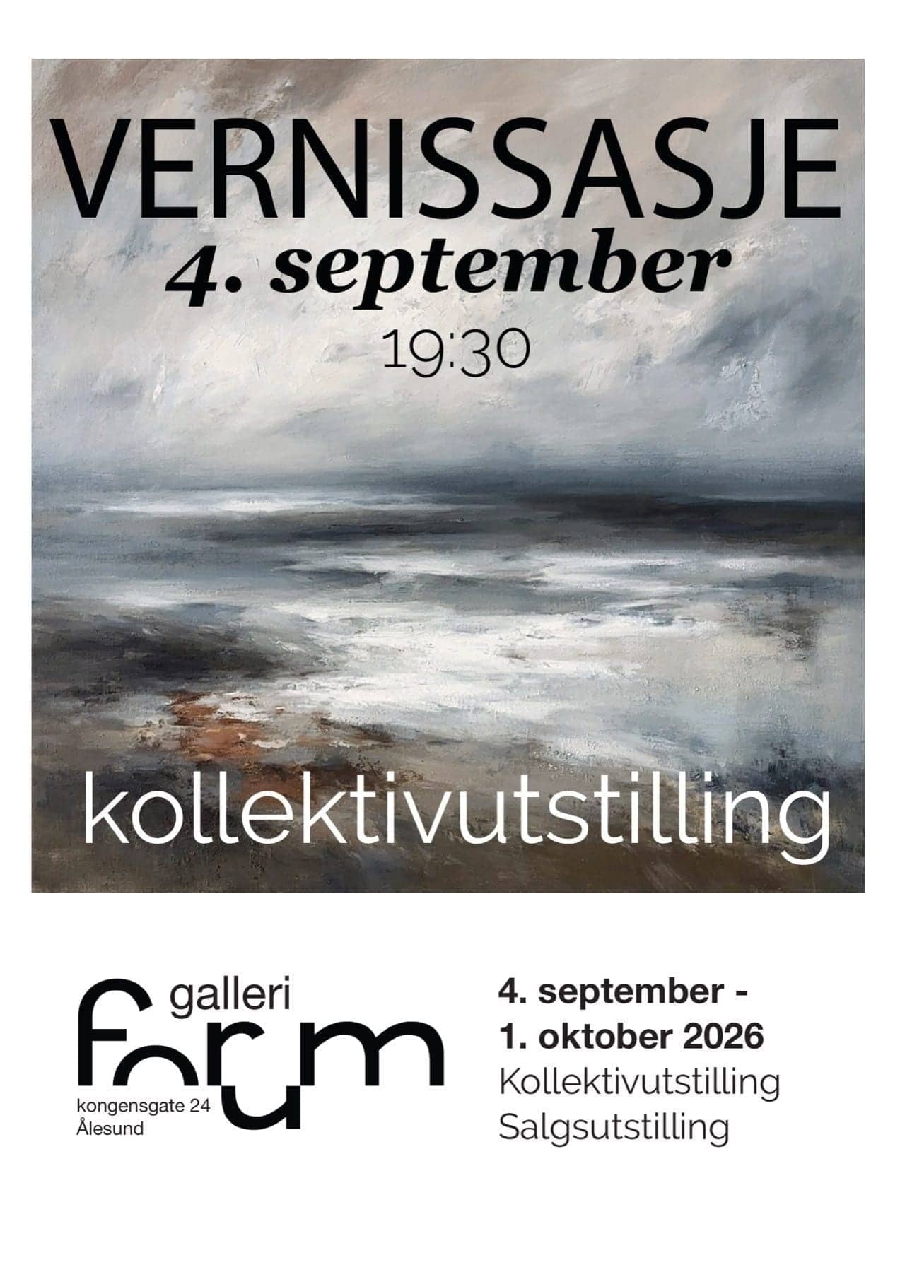 Plakat for kollektiv salgsutstilling — vernissage 4. september kl. 19:30