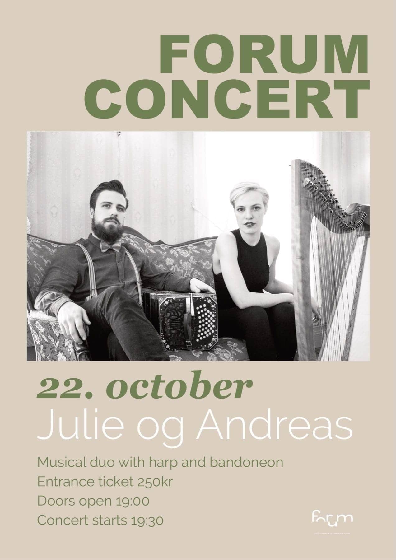 Plakat for Forum-konsert med Julie og Andreas — harpe og bandoneon