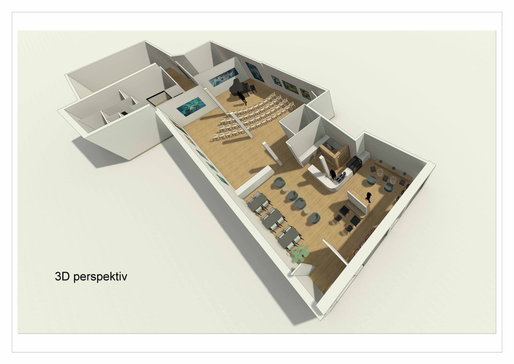 3D-perspektiv av galleriet og kafeen