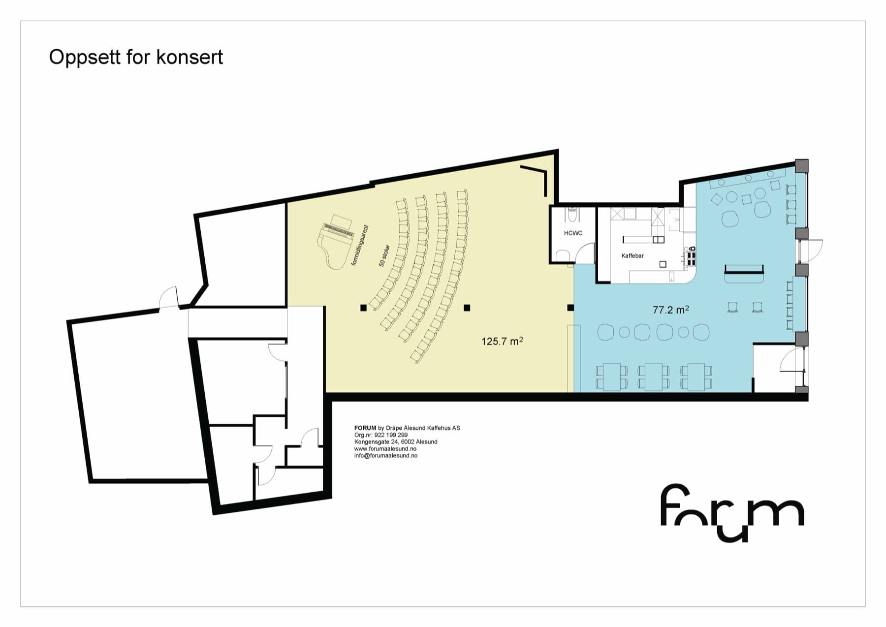 Plantegning av galleriet og kafeen i Kongensgate 24, oppsett for konsert