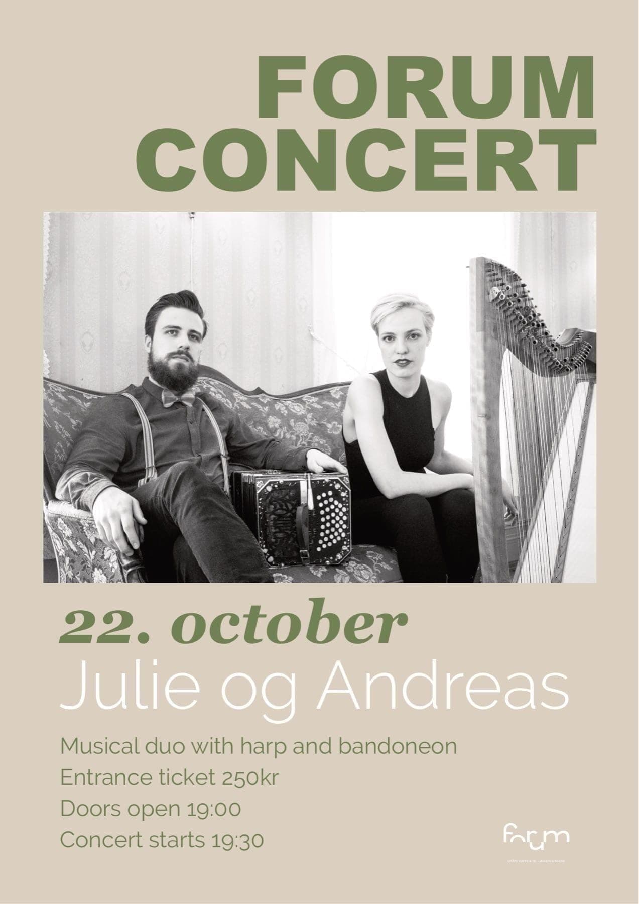 Plakat for Forum-konsert med Julie og Andreas — harpe og bandoneon